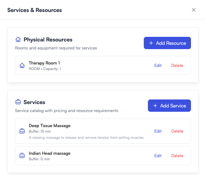 Reservie appointment setup showing Therapy Room 1 as a physical resource and a deep tissue massage service with 15 minutes of buffer time