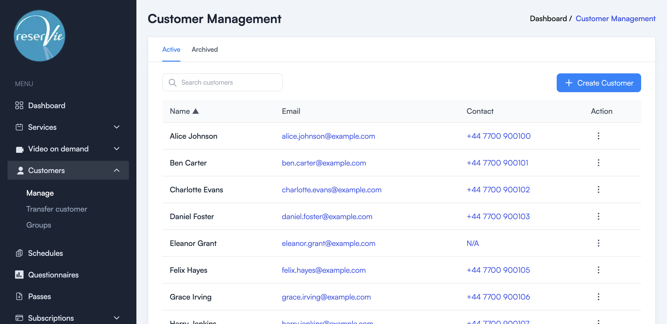 Customer Management page showing the customer list with Active and Archived tabs, search bar, and Create Customer button