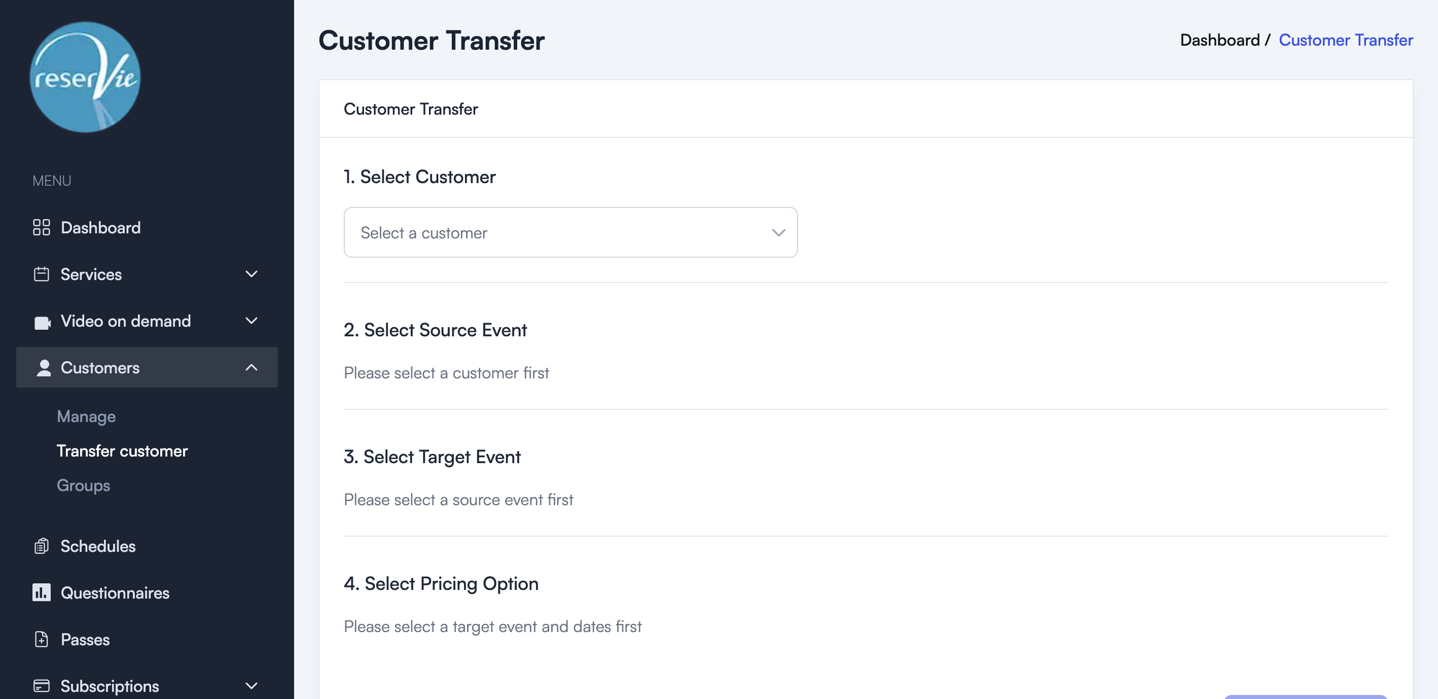 Customer Transfer page showing the four-step transfer process
