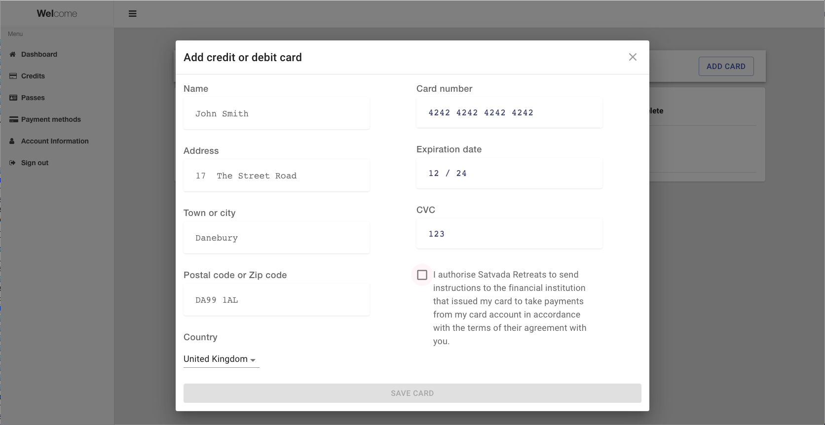 reservie add card form with credit card details and mandate authorization