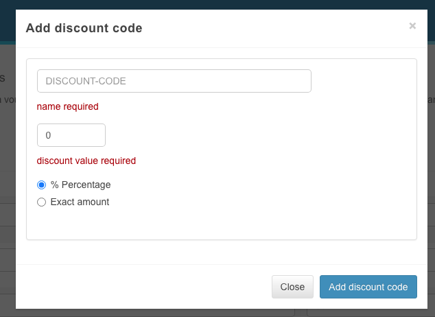 Step 3: reservie discount voucher form with code, percentage, and amount fields