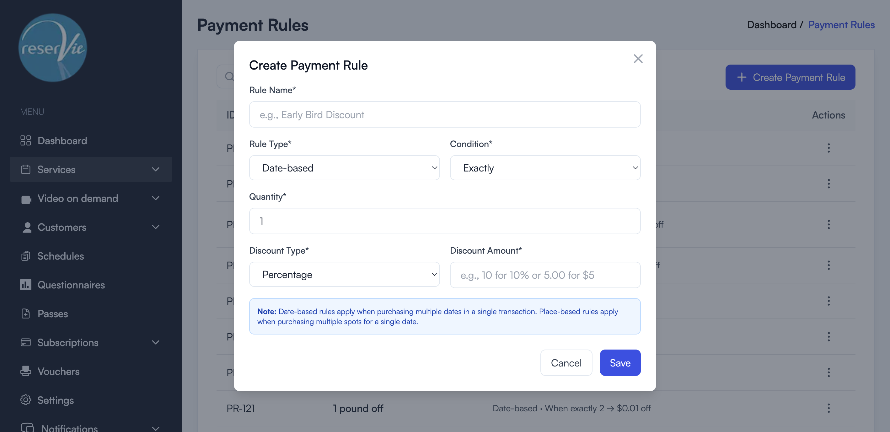 Create Payment Rule form