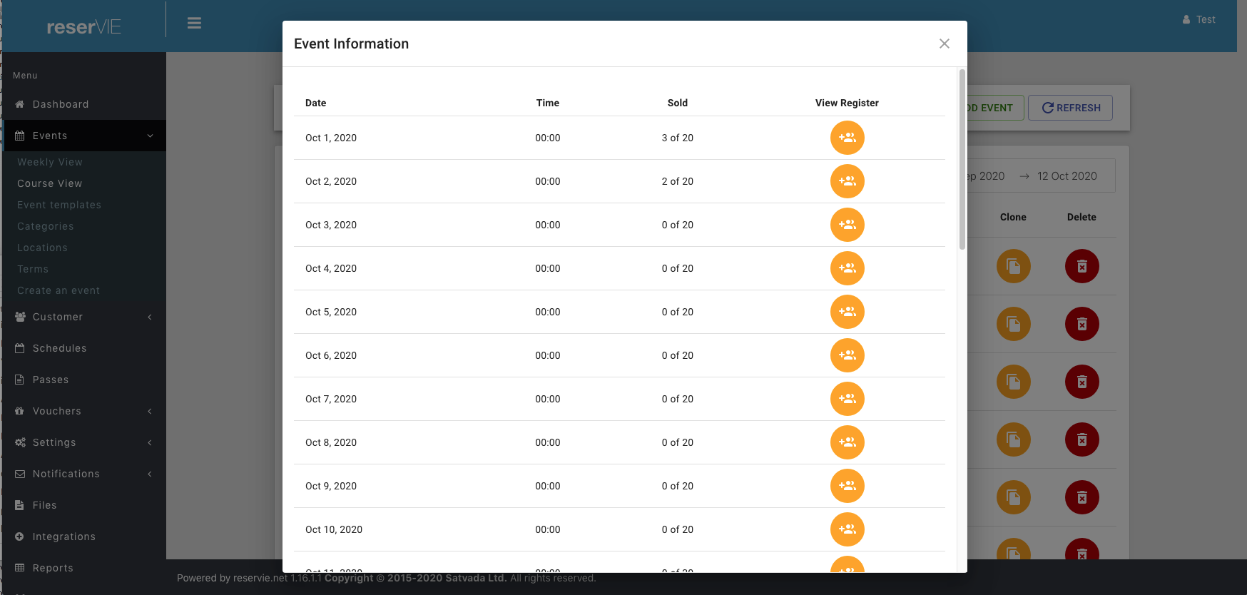 Step 4: reservie event dates list with view register button