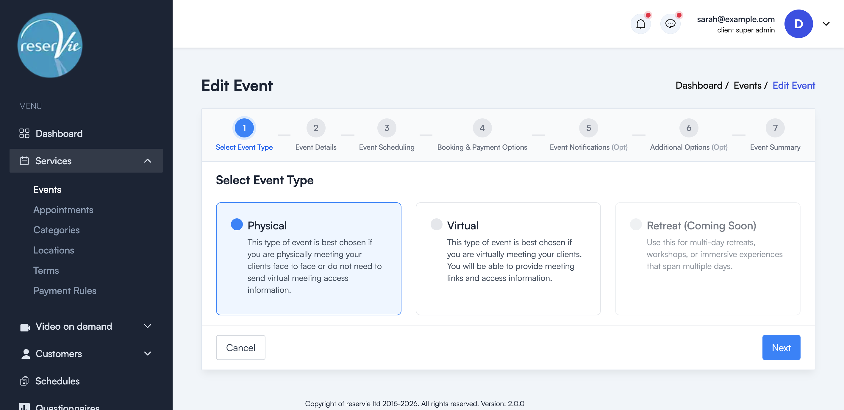 Edit Event wizard showing Step 1 — Select Event Type with Physical, Virtual, and Retreat options
