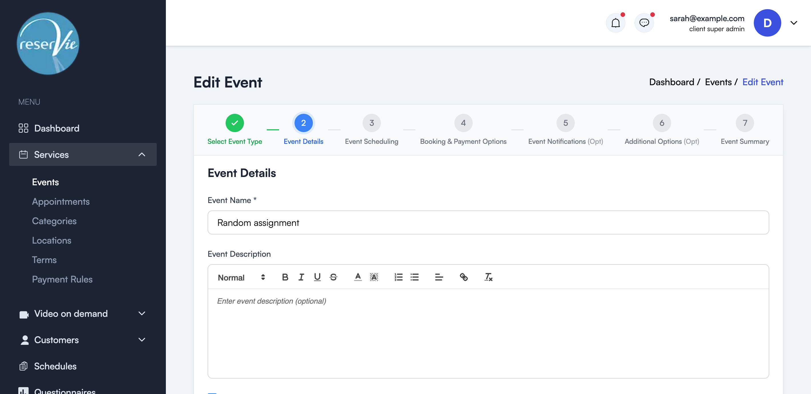 Event Details step showing the event name, rich text description editor, and waiting list checkbox