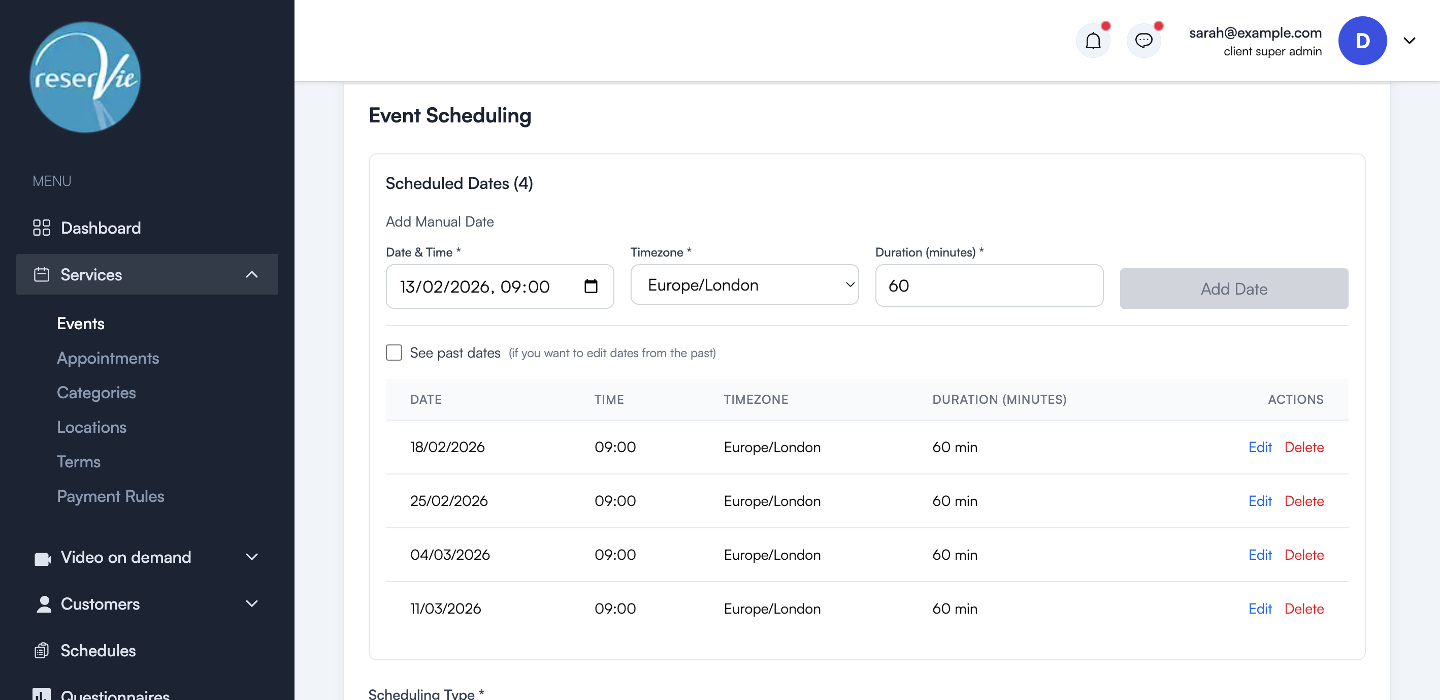 Event Scheduling step showing the date entry form and scheduled dates table