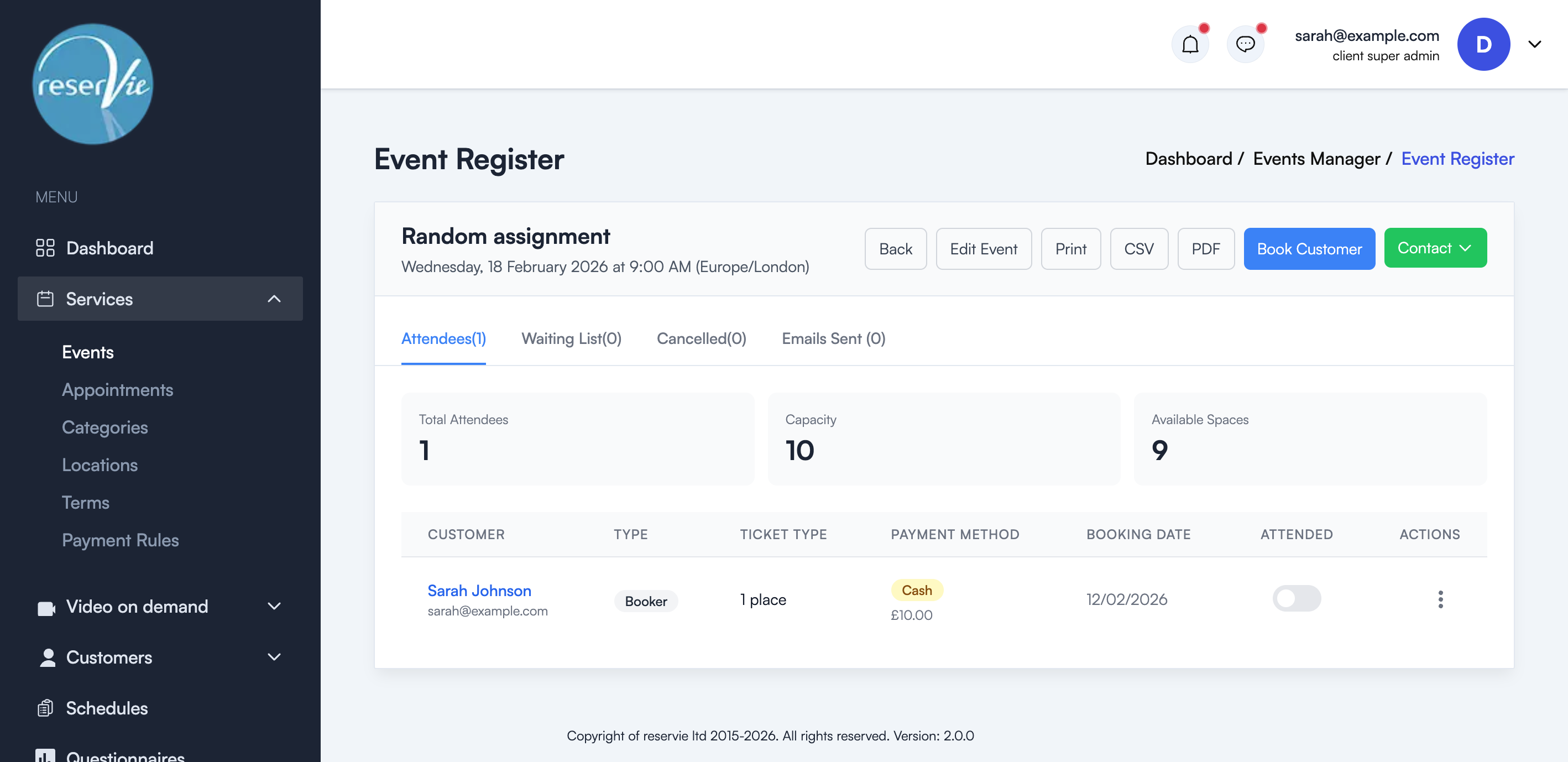 Event Register page showing the attendees table, stats, and action buttons