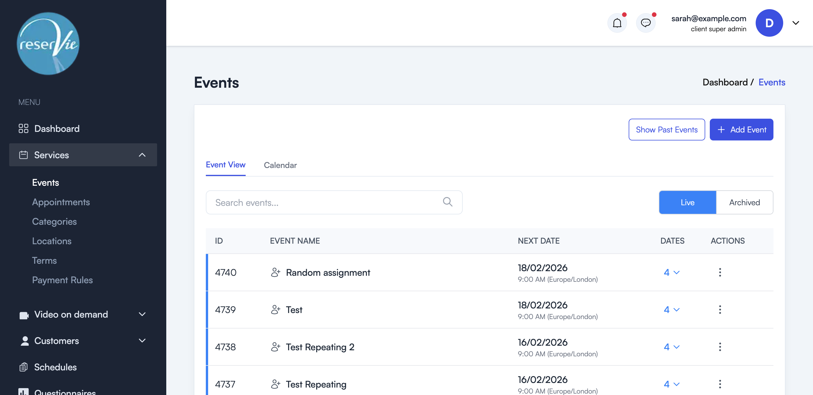 Events list page showing the event table with Live and Archived tabs, search bar, and Add Event button