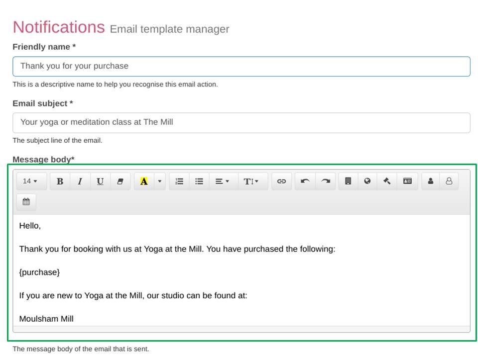 Step 5: reservie notification template editor showing message body field