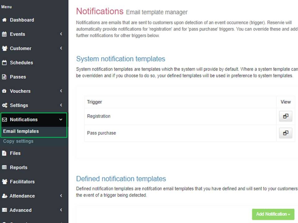 reservie default email notification templates list