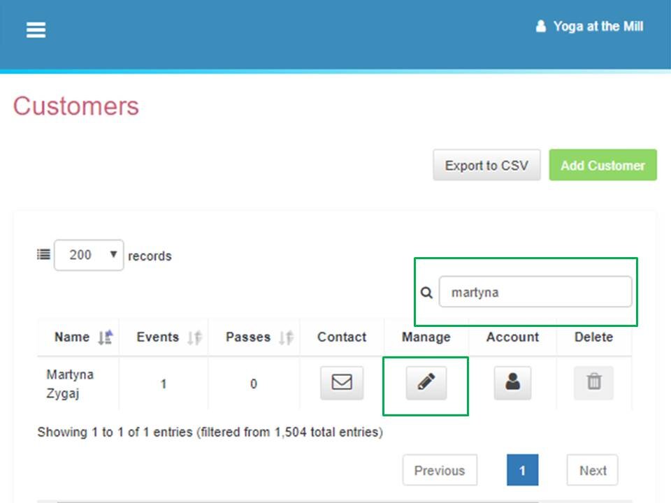 Step 3: reservie customer search results with manage account icon