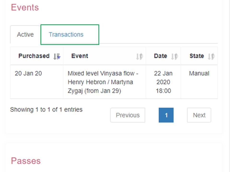 Step 5: reservie customer account showing events and transactions sections