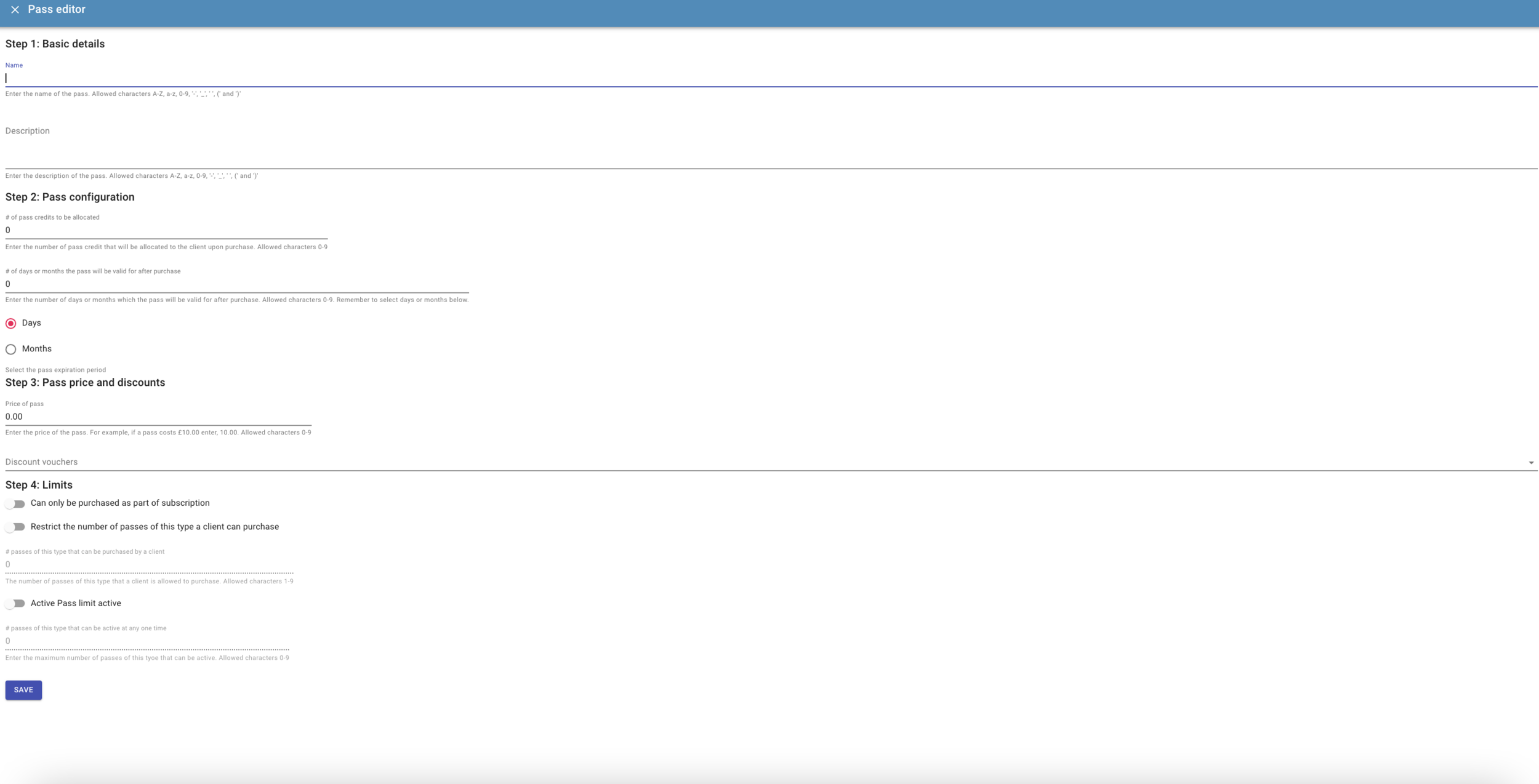 reservie pass editor form with name, credits, validity and pricing fields