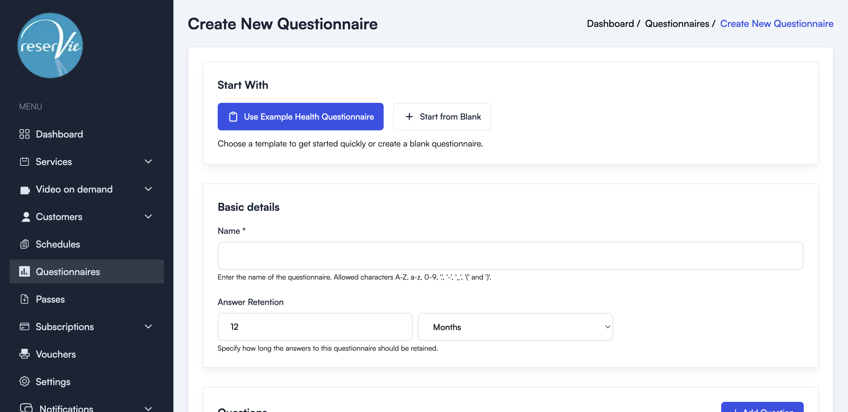 Create Questionnaire form showing Start With options, Basic details, and Questions section