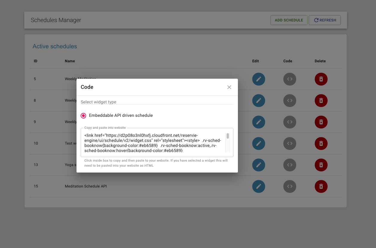 Step 2: reservie code selection popup for embedding schedule widget