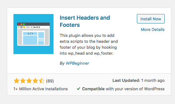 wordpress search results showing insert headers and footers plugin