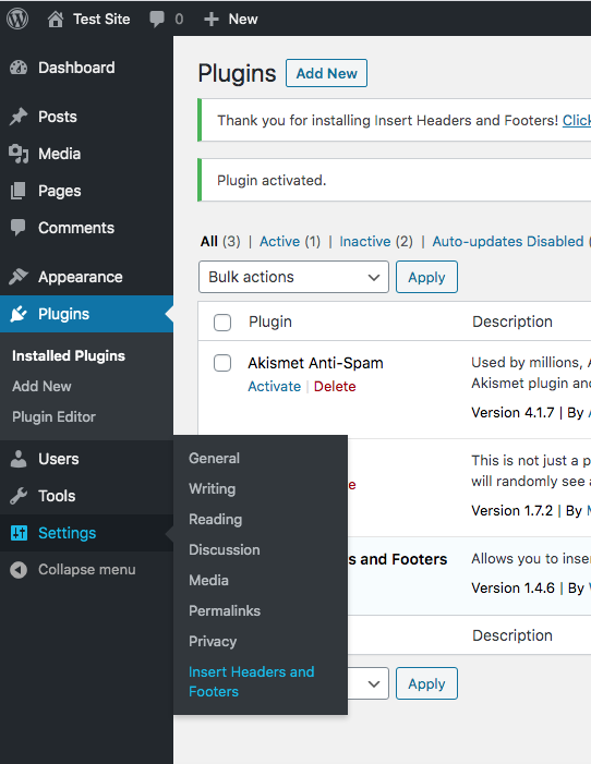 Step 4: wordpress settings menu with insert headers and footers option