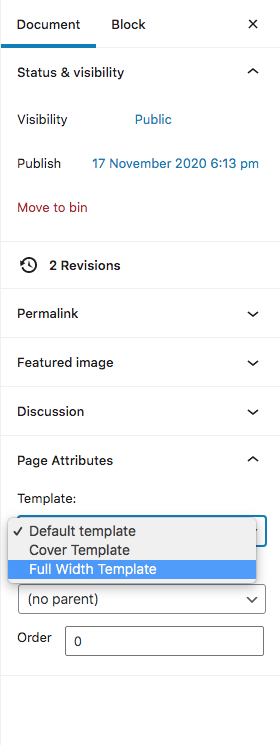 Step 5: wordpress page attributes set to full width template