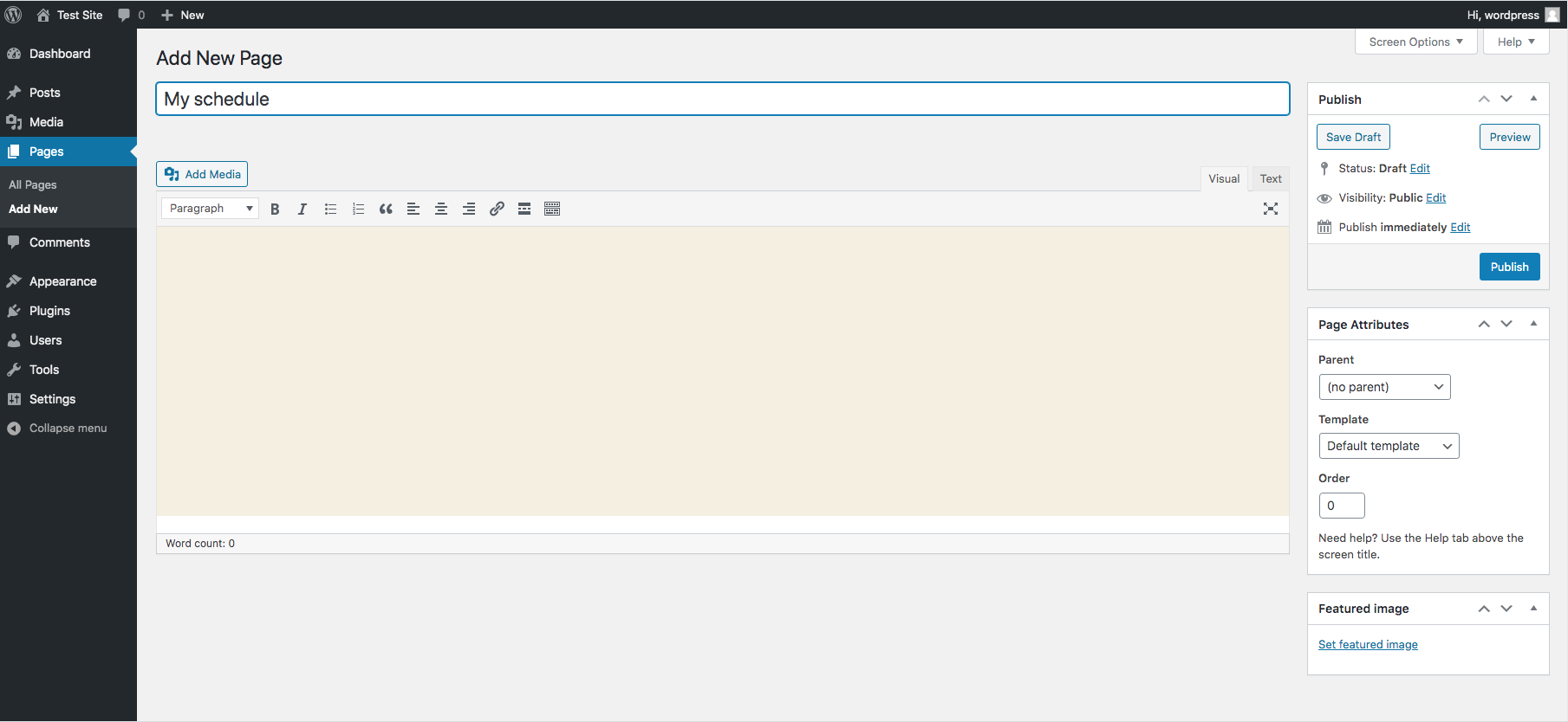 Step 6: wordpress pages menu with add new page option