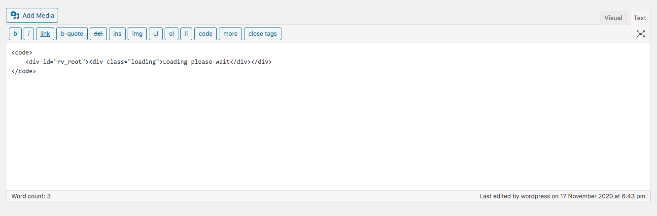 Step 8: wordpress text editor with reservie body code pasted between code tags