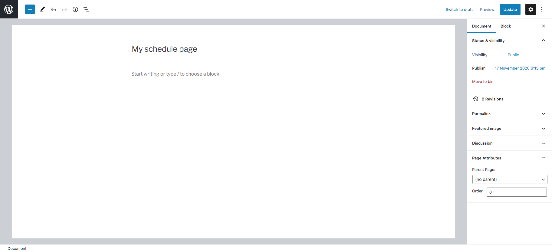 Step 2: wordpress new page editor with title field