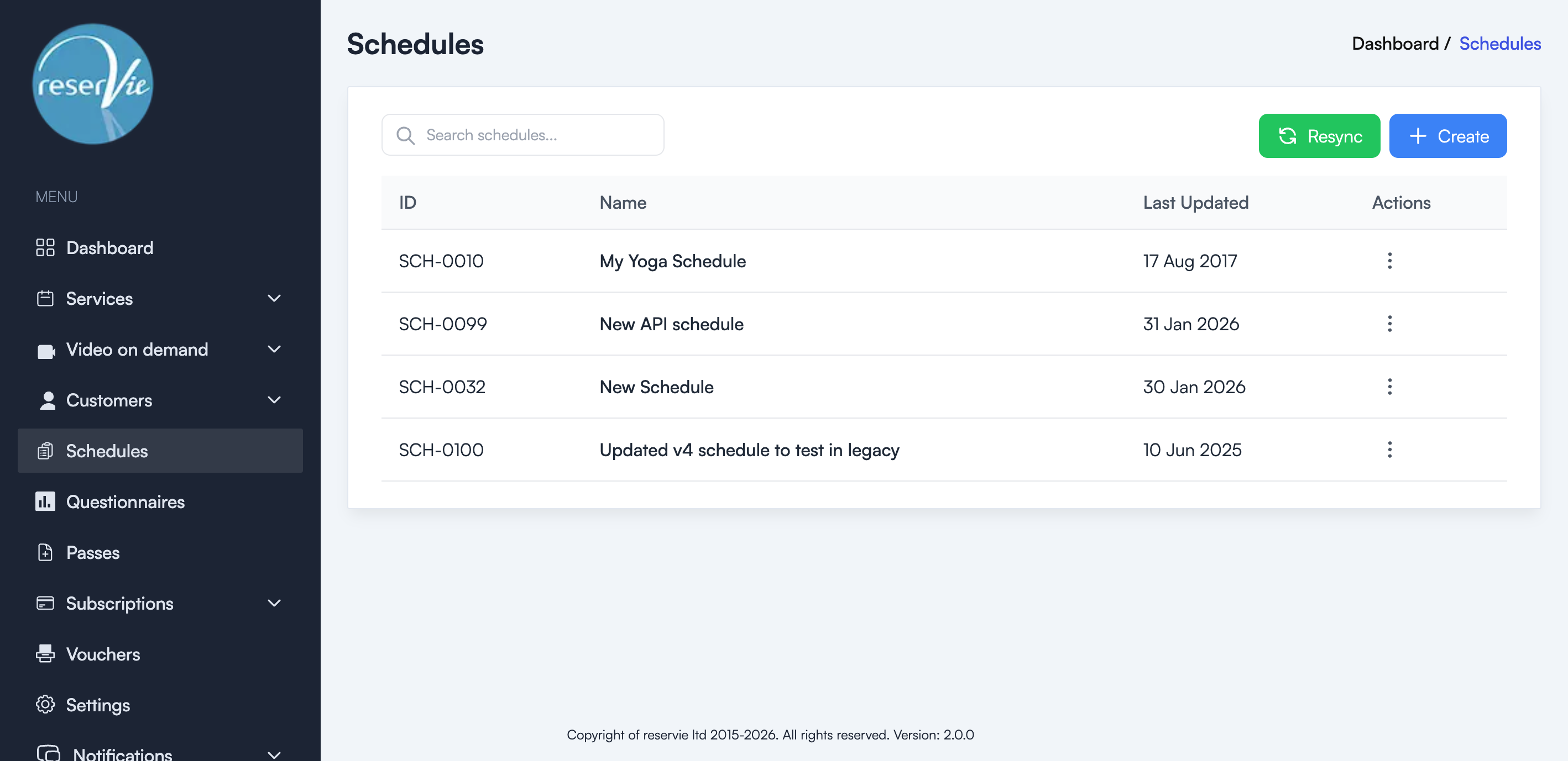 Schedules page showing a list of schedules with Resync and Create buttons