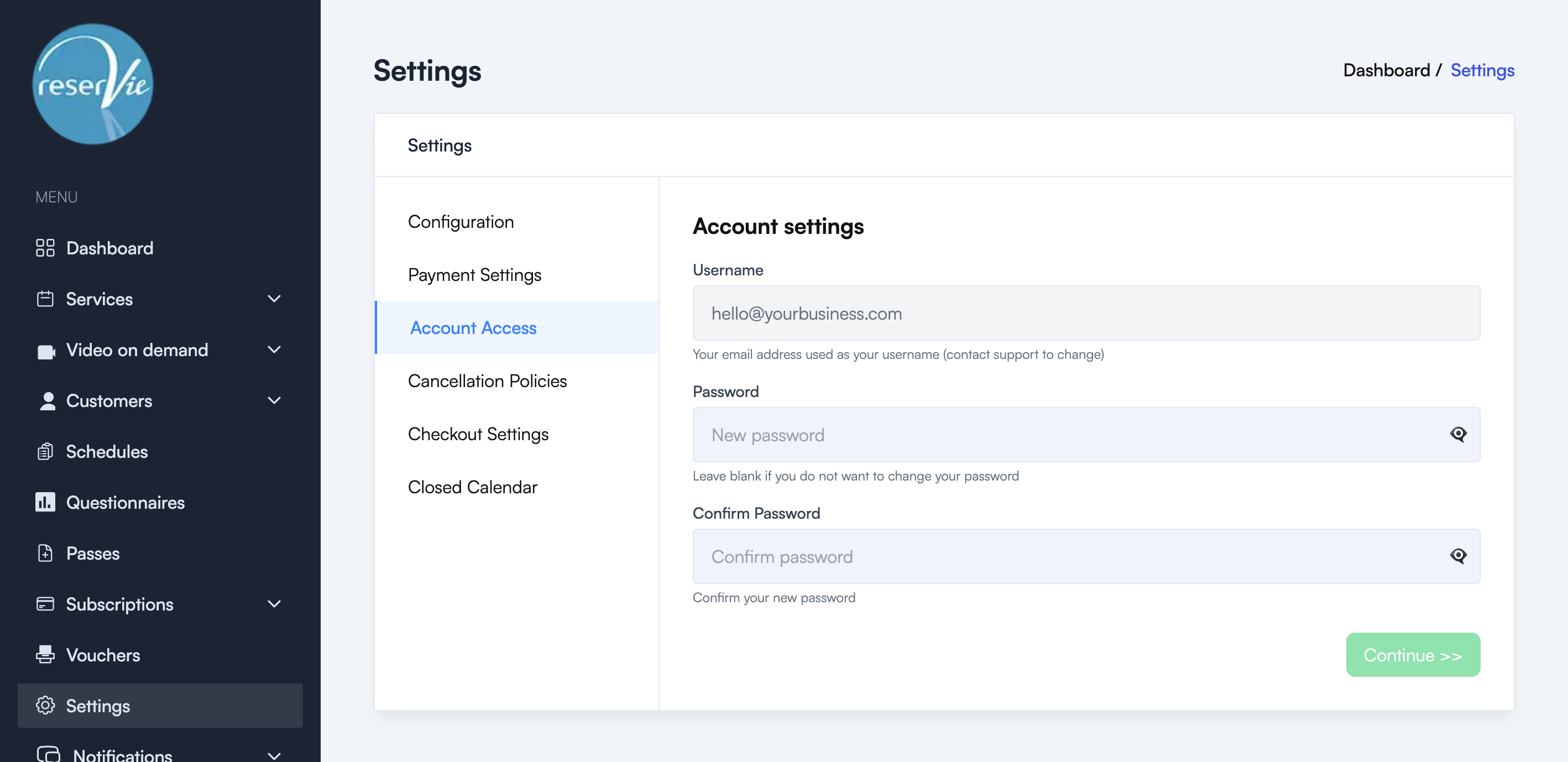 Account Access page showing username and password fields