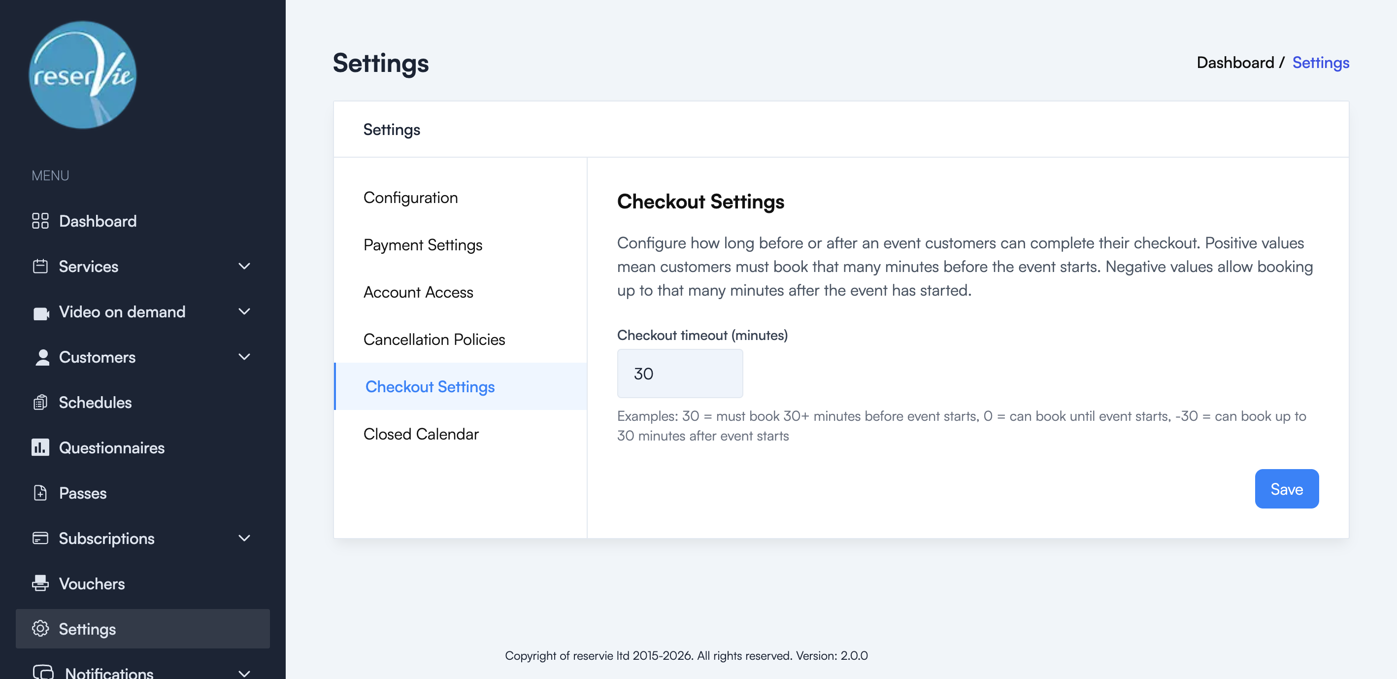 Checkout Settings page showing the timeout field