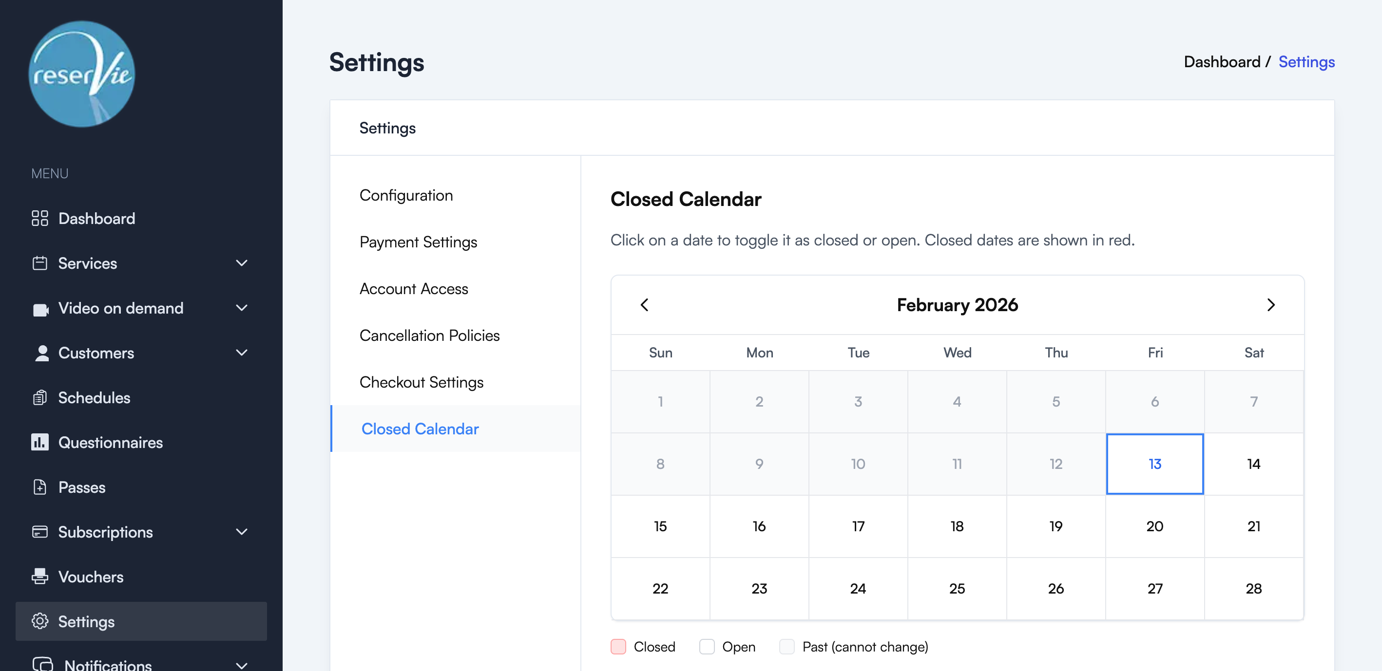 Closed Calendar page showing monthly calendar and closed dates list
