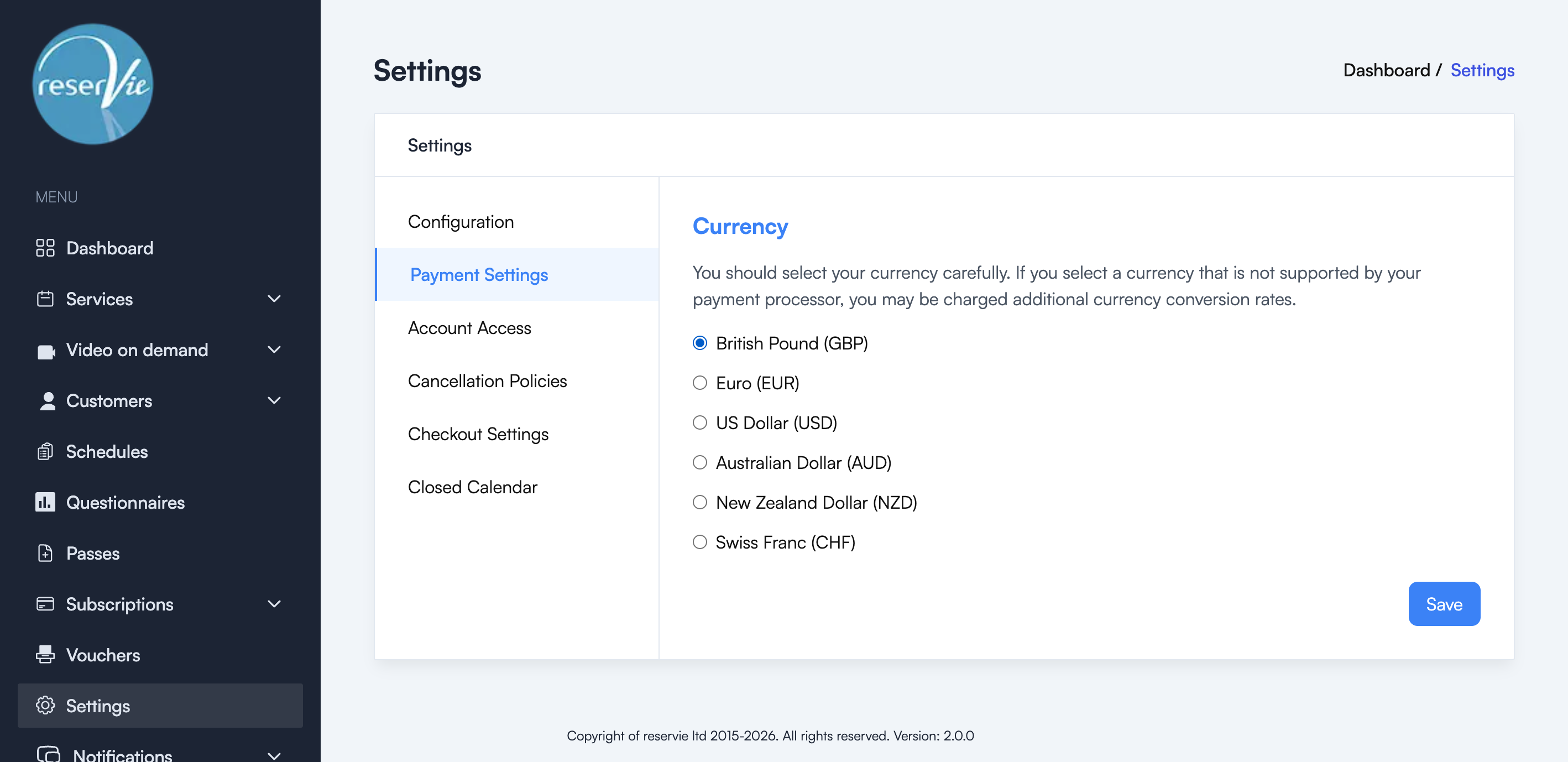 Payment Settings page showing currency selection