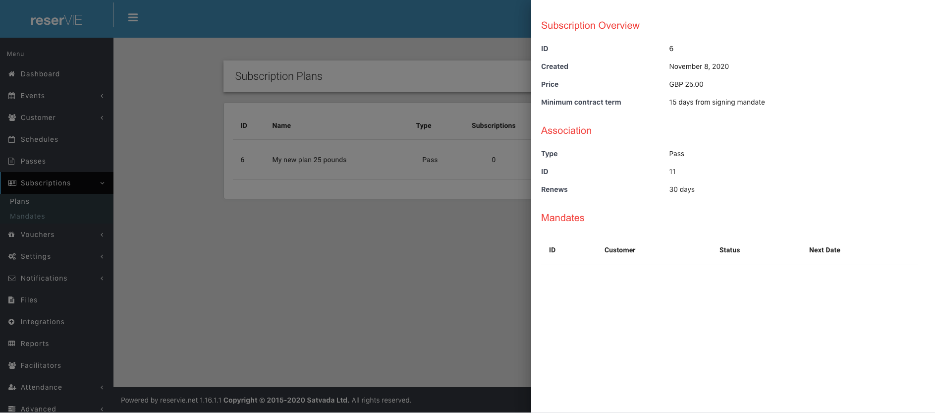 Step 2: reservie plan detail panel showing overview, association, and mandates
