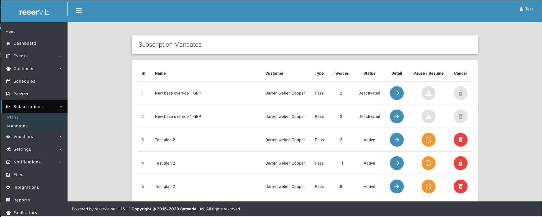 reservie subscriptions mandates section in the left menu