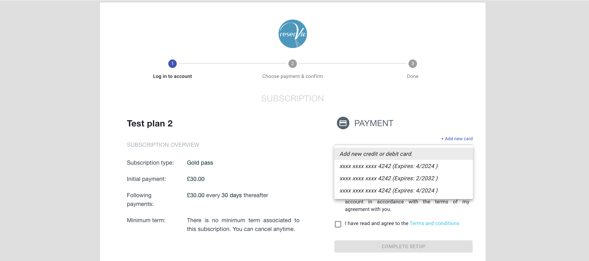 reservie mandate payment selection with saved credit card dropdown