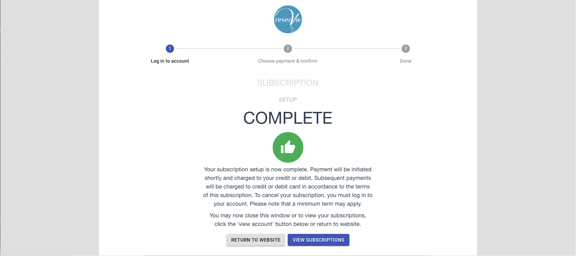 Step 3: reservie subscription confirmation showing mandate is now active