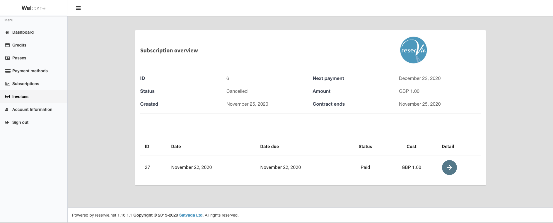 reservie subscription mandate detail showing status, dates, and invoices