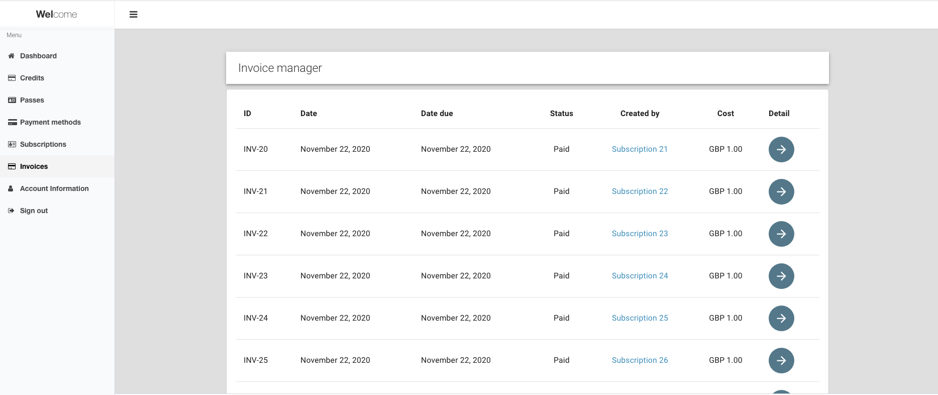 reservie customer portal invoice manager showing invoices and payment status