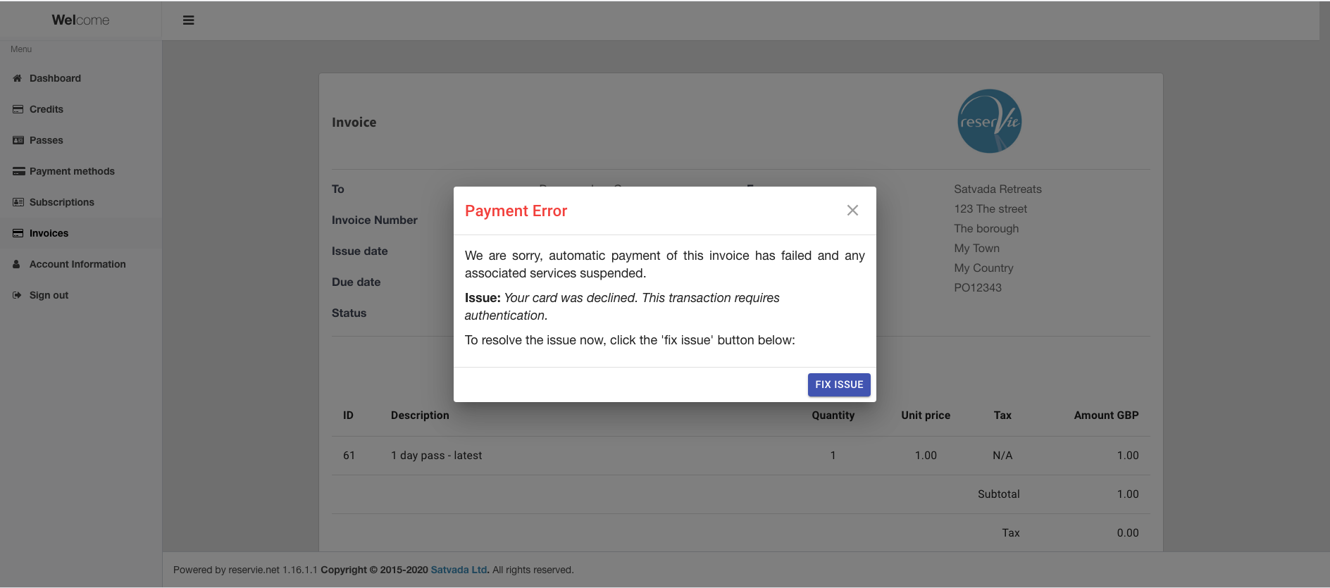 reservie invoice showing payment error alert with fix issue button