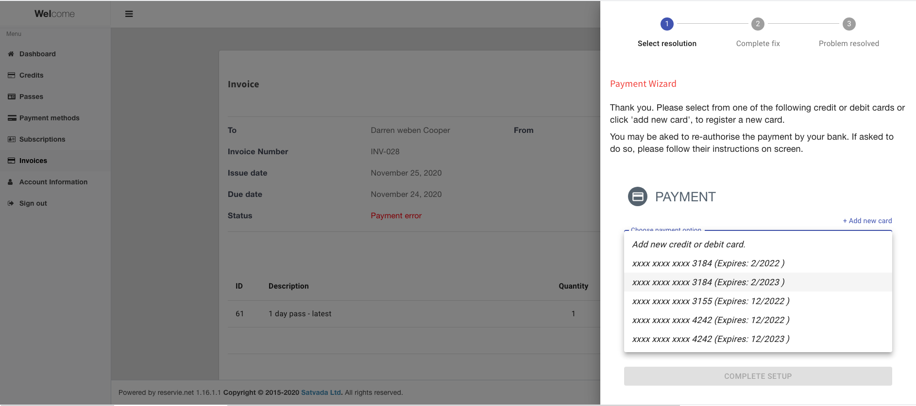 reservie payment option dropdown showing saved credit cards