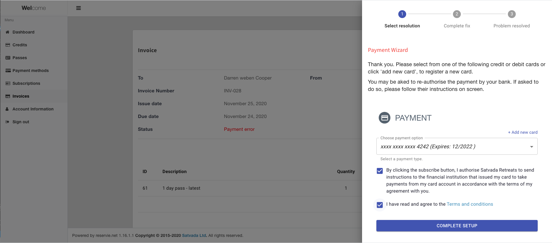 reservie mandate terms confirmation with complete setup button