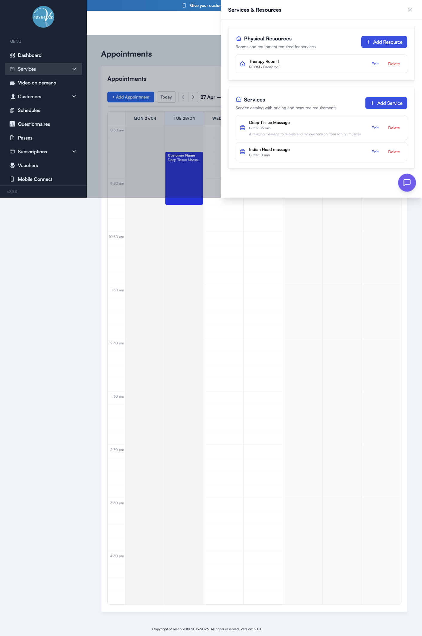 The Setup drawer showing Services & Resources with Physical Resources and Services panels, each with Add and Edit/Delete actions