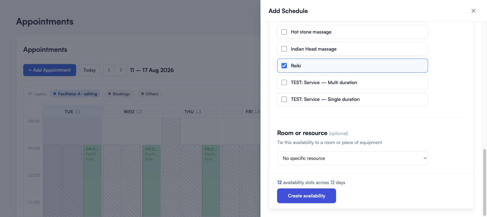 The Which services section with Deep Tissue Massage and Reiki ticked, an optional Room or resource dropdown set to No specific resource, and a summary reading 12 availability slots across 12 days