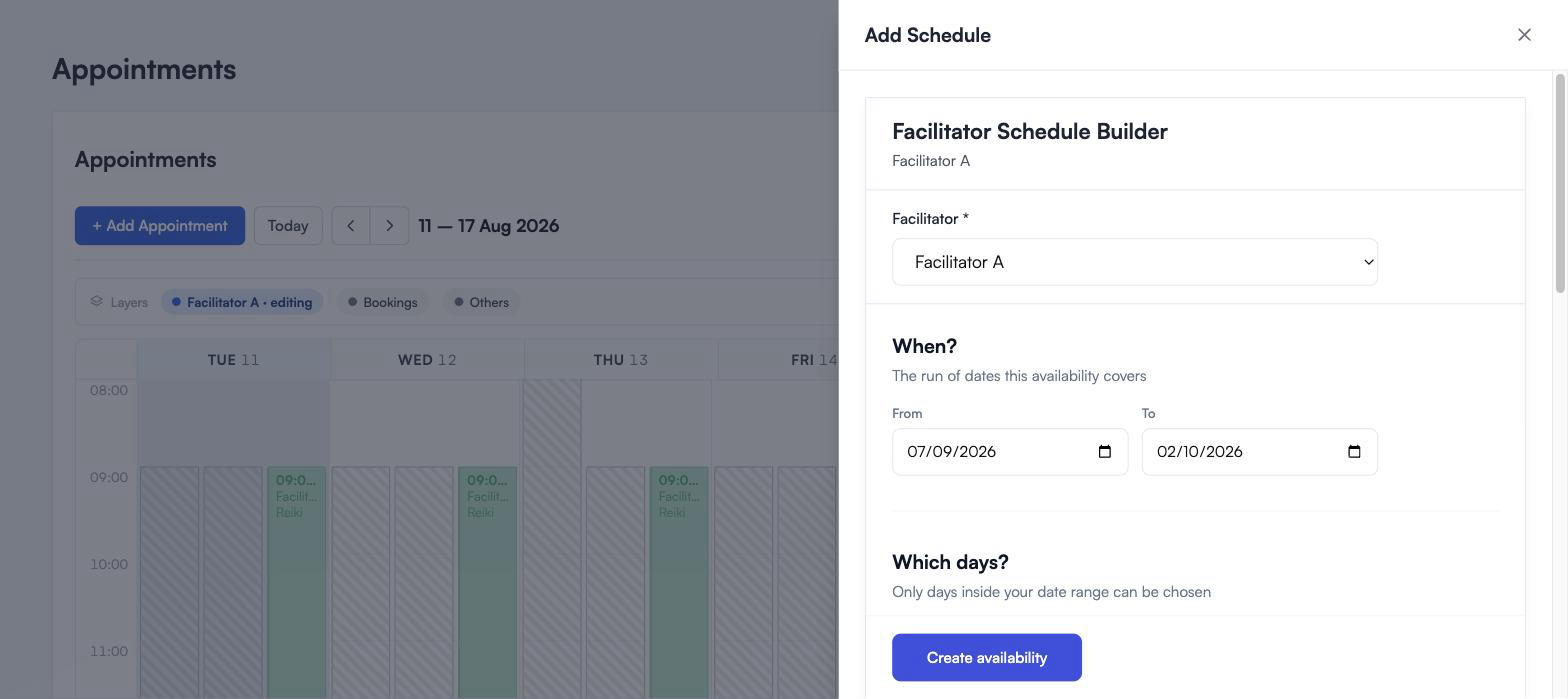 The Facilitator Schedule Builder, with a facilitator chosen and a From and To date under the heading When