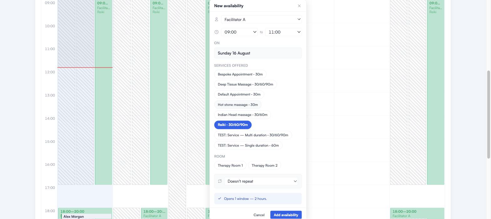 The New availability panel showing the facilitator, a start and end time, the date, a list of services to choose from, an optional room, a repeat option, and a green line reading Opens 1 window, 2 hours