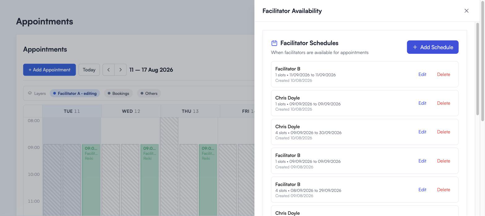 The Facilitator Availability panel listing each schedule with the facilitator name, the number of slots, the dates it covers, and Edit and Delete links