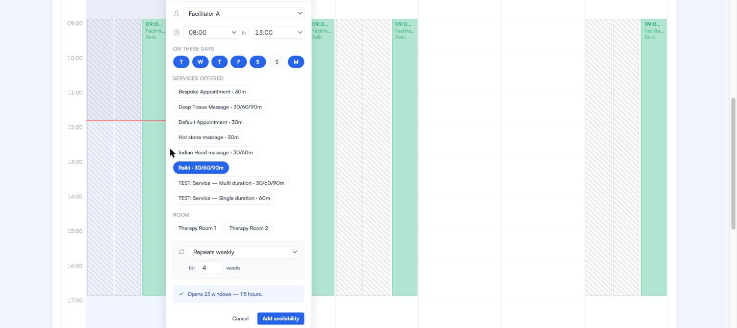 The New availability panel opened from Quick add, showing 08:00 to 13:00, a row of day buttons with Sunday switched off, a weekly repeat set to four weeks, and a green line reading Opens 23 windows, 115 hours