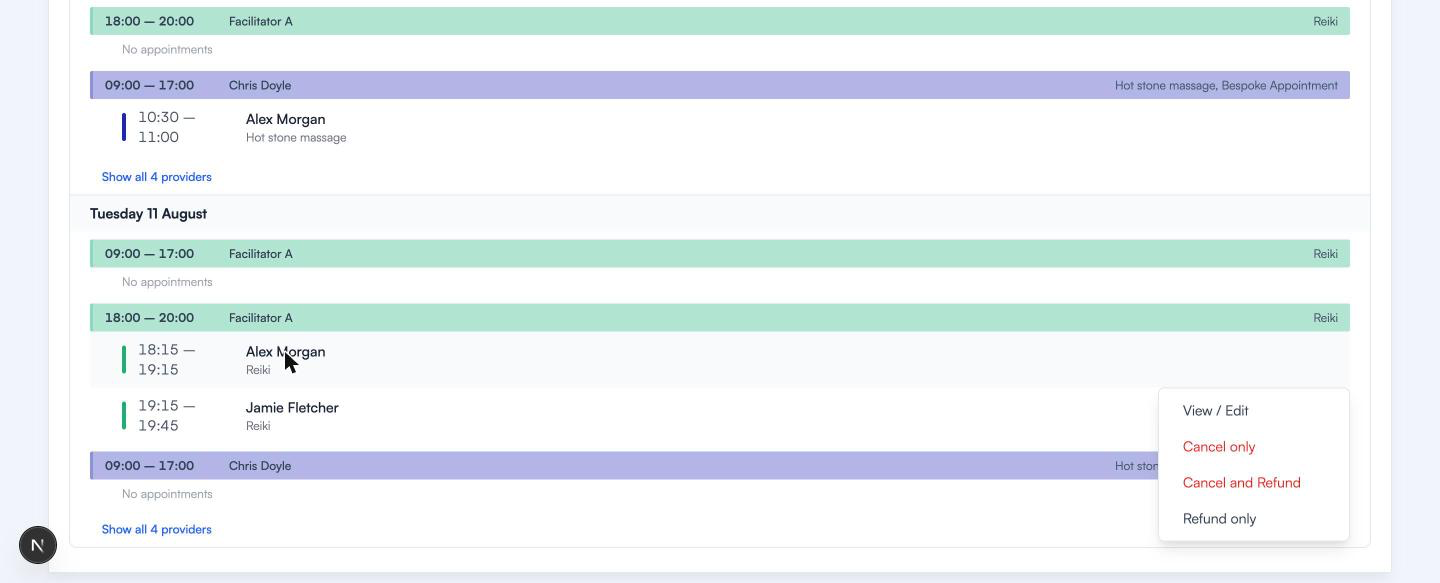 The menu that opens when you click a booking, offering View Edit, Cancel only, Cancel and Refund, and Refund only