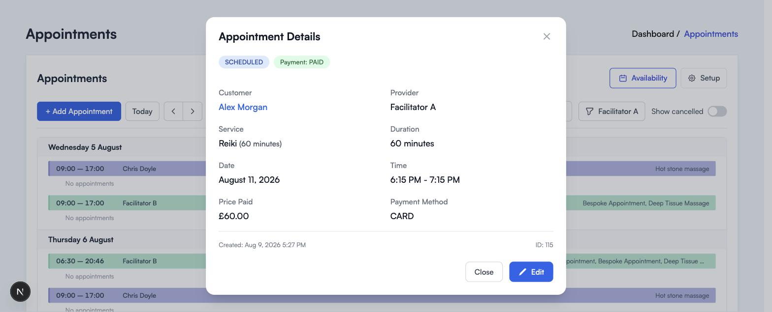The Appointment Details window showing scheduled and paid badges, customer, provider, service, duration, date, time, price paid and payment method