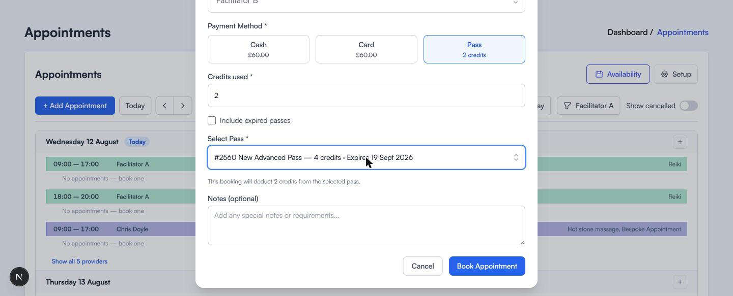 The pass options, with credits used, an include expired passes tickbox, a pass chosen from the dropdown, and a line reading this booking will deduct two credits from the selected pass