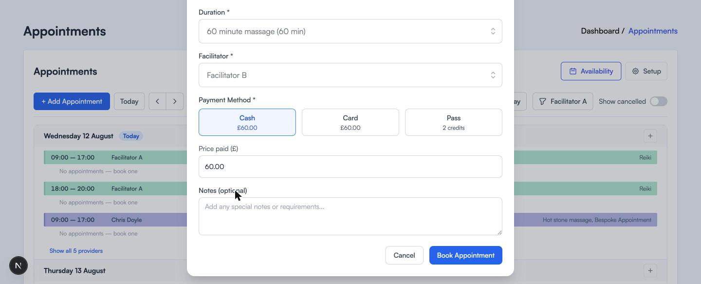Payment method shown as three tiles, Cash £60.00, Card £60.00 and Pass 2 credits, with a Price paid box underneath