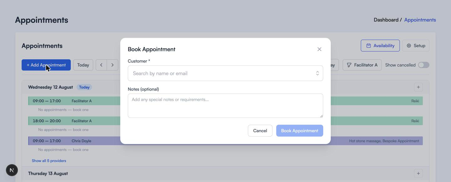 The Book Appointment window with a Customer search box and a Notes box